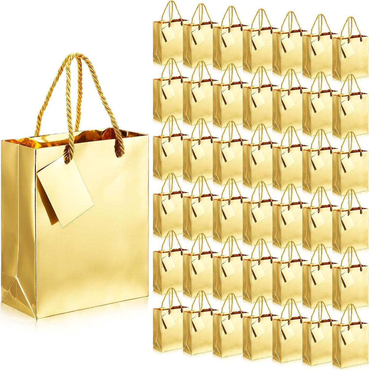 Seajan Paquete de 50 Bolsas de Regalo Metálicas Doradas con Asas, Acabado Brillante de Lámina Dorada, Bolsas Impermeables con Etiquetas para Fiestas de Cumpleaños, Aniversarios, Bodas, Baby Showers, Acción de Gracias y Navidad