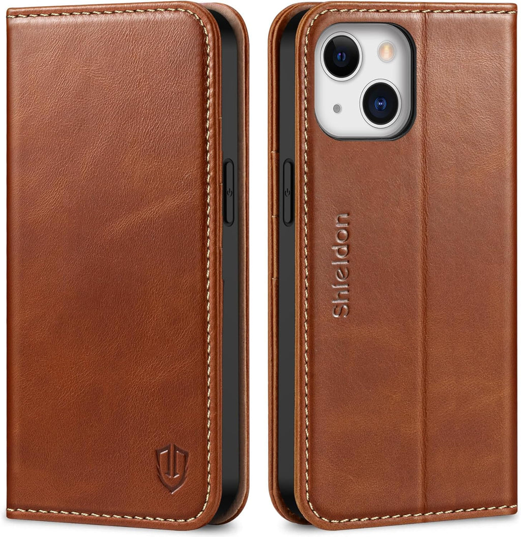 Funda tipo cartera SHIELDON para iPhone 13 5G, funda tipo folio de cuero genuino con cubierta magnética que absorbe los golpes, bloqueo RFID, tarjetero y soporte, compatible con iPhone 13 de 6.1" (2021) - Marrón retro