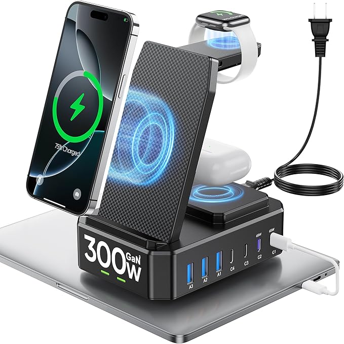 Estación de Carga 300W GaN III 10 en 1 | Cargador Inalámbrico para iPhone, MacBook, iWatch y AirPods | USB-C 65W PD