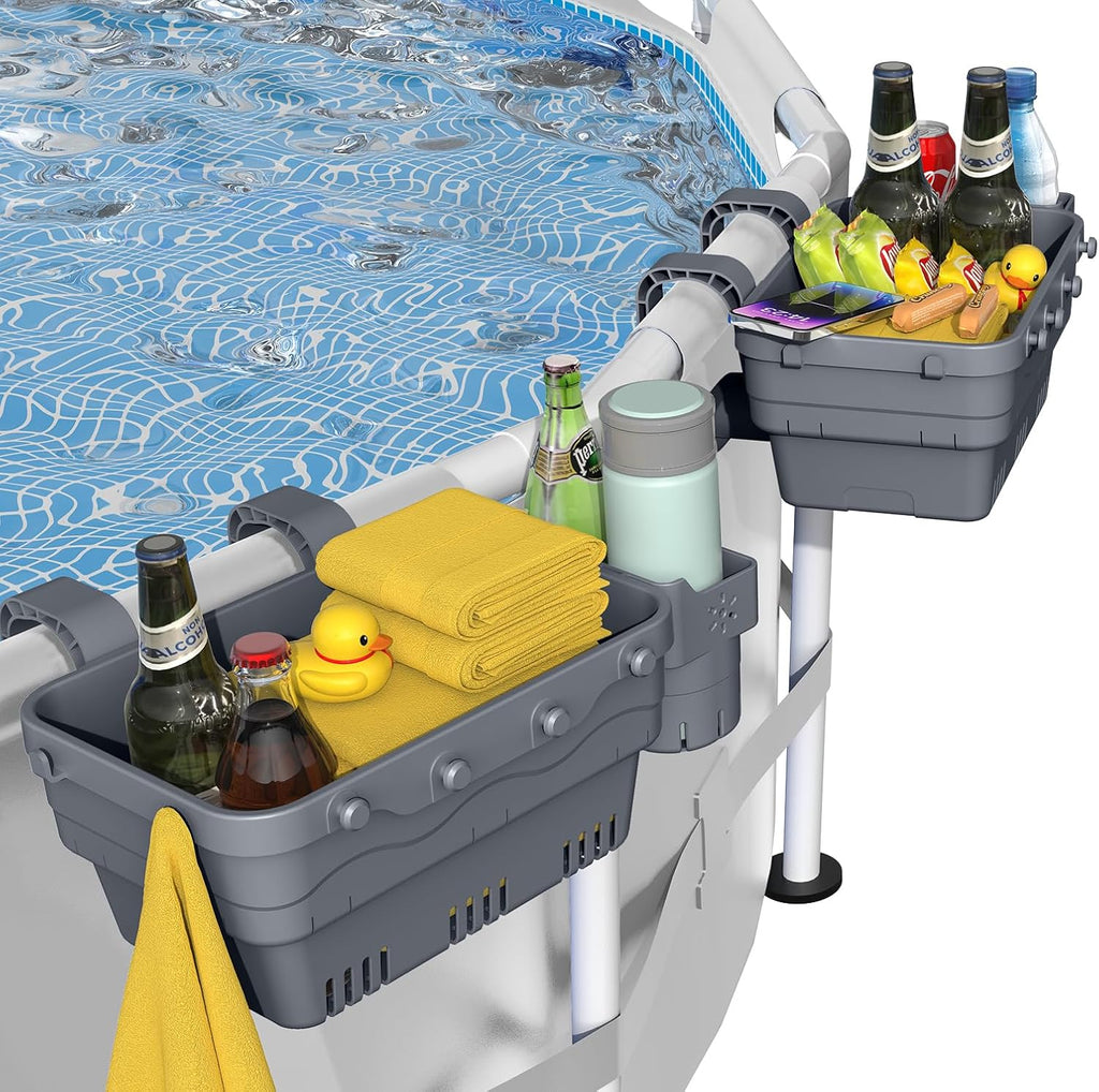 VICHTOP 2026 Actualización 2 juegos de cesta de almacenamiento para piscina, accesorios para piscinas elevadas, cesta de almacenamiento para piscina con portavasos, bolsa de malla y barra de soporte para organizar toallas y juguetes de piscina.