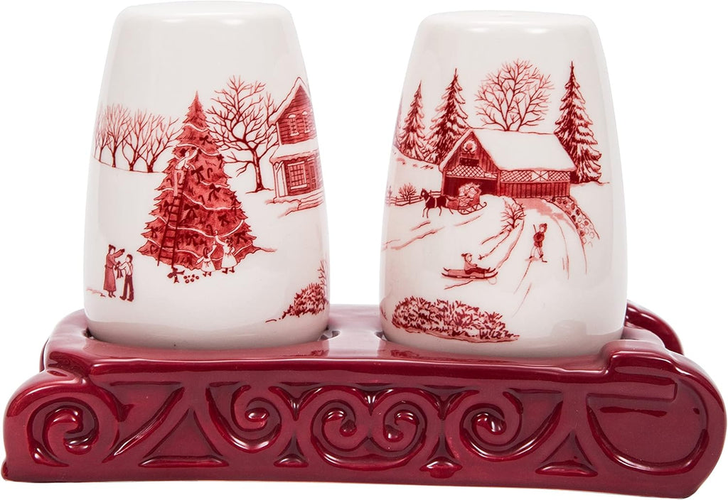 Bico Toile De Jouy Winter Wonderland Salt and Pepper Shaker Set with Sleigh Holder – Hand-Painted Ceramic Holiday Shakers with Stand, Dishwasher Safe Christmas Table Décor