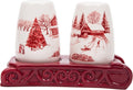 Bico Toile De Jouy Winter Wonderland Salt and Pepper Shaker Set with Sleigh Holder – Hand-Painted Ceramic Holiday Shakers with Stand, Dishwasher Safe Christmas Table Décor