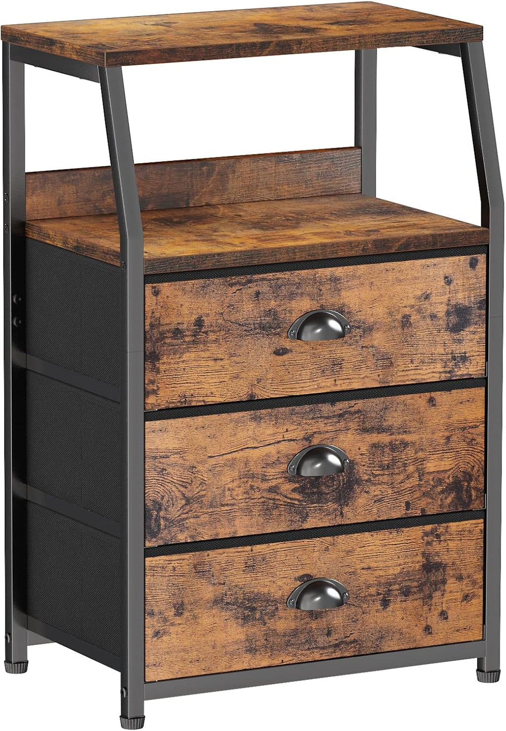 Mesita de noche Furnulem con 3 cajones y estante de 2 niveles, cómoda pequeña de tela, organizador vertical para dormitorio, armario, pasillo, cuarto infantil, mesa auxiliar, mueble auxiliar, estructura de acero resistente, tapa de madera