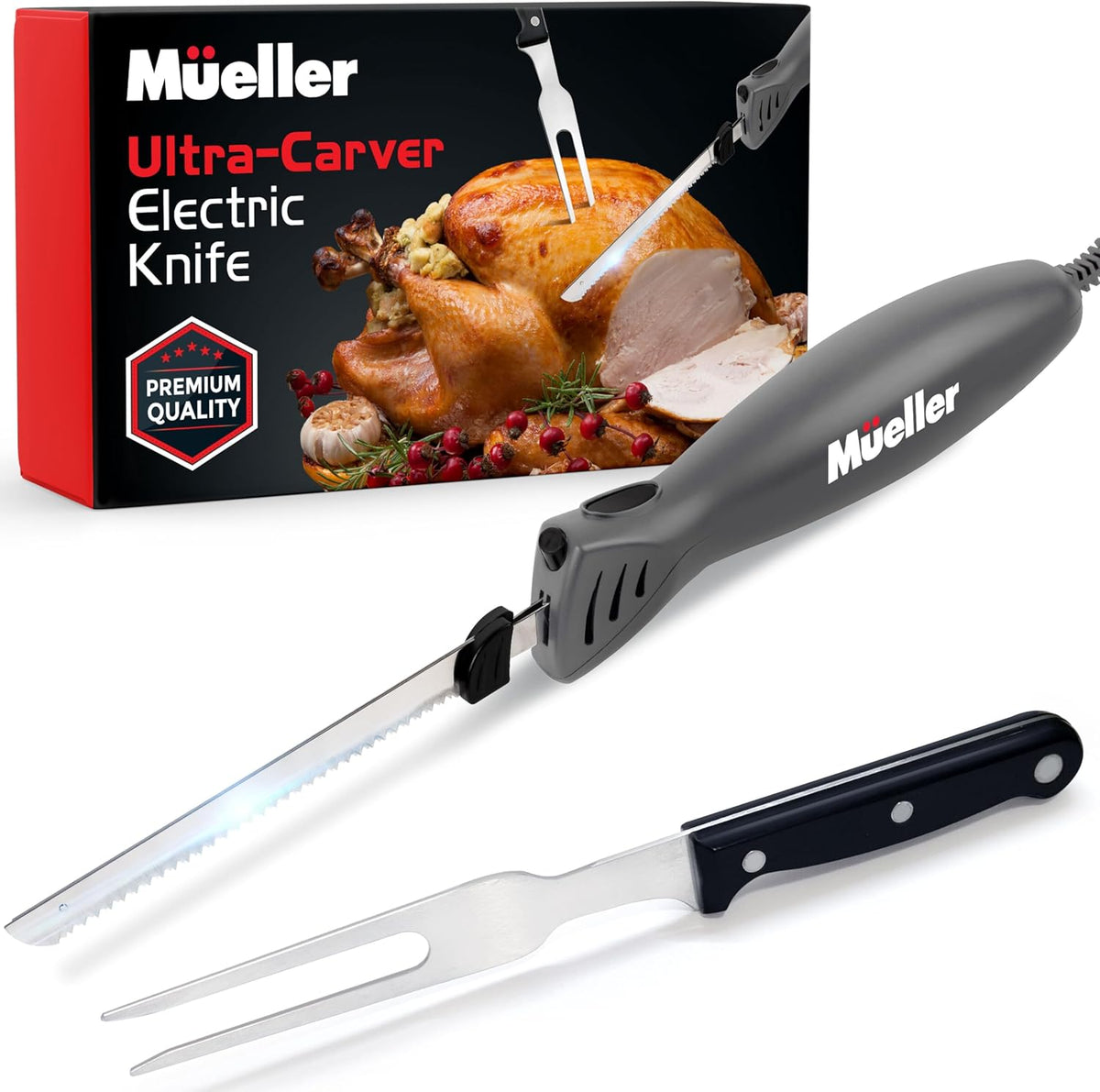 Cuchillo Eléctrico Mueller Ultra-Carver — Para Carne, Pavo y Pan, Hojas Acero Inoxidable, Motor Potente, Incluye Tenedor (Gris)