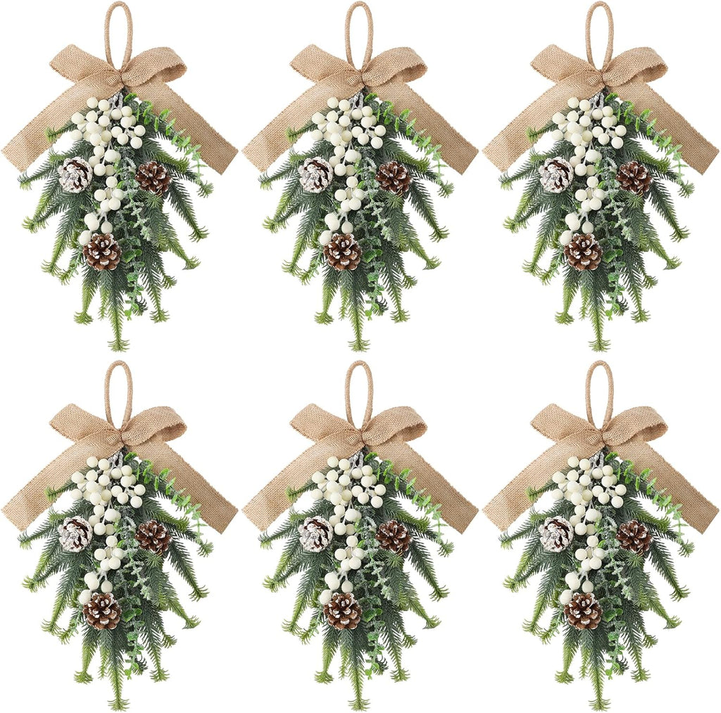 6 guirnaldas navideñas artificiales de lágrima de 45 cm, verde y blanco esmerilado, con piñas y bayas, lazo de arpillera para decorar la puerta principal, la mesa, la repisa y la chimenea. 