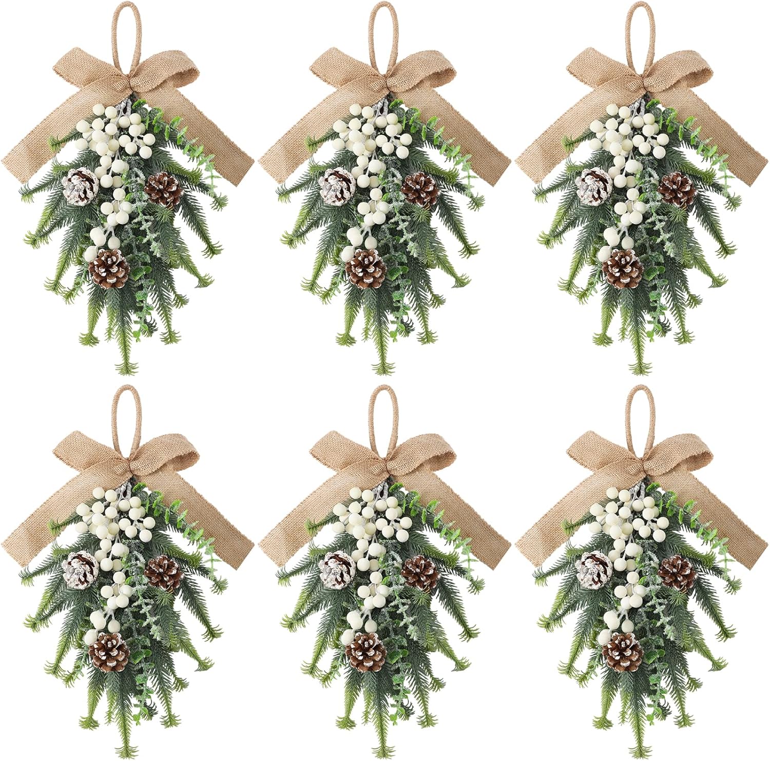 6 guirnaldas navideñas artificiales de lágrima de 45 cm, verde y blanco esmerilado, con piñas y bayas, lazo de arpillera para decorar la puerta principal, la mesa, la repisa y la chimenea. 