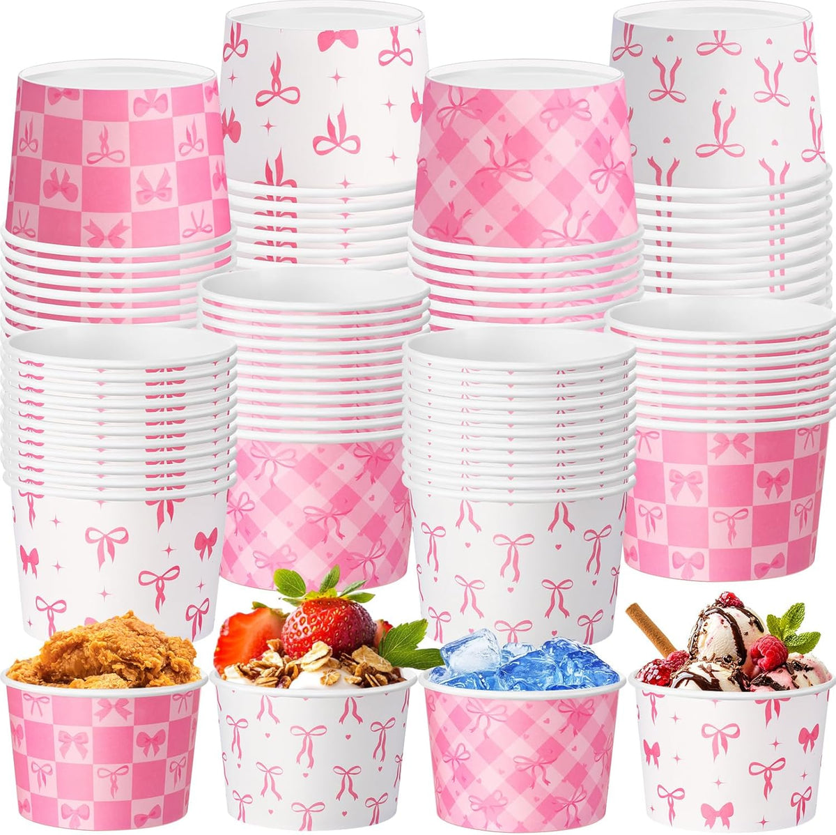 Vasos de Snack Newtay Rosa con Lazo 266ml | Bowls Coquette de Papel Desechables para Postre y Helado, para Día de la Madre, Baby Shower, Bodas y Fiestas, 100 Piezas