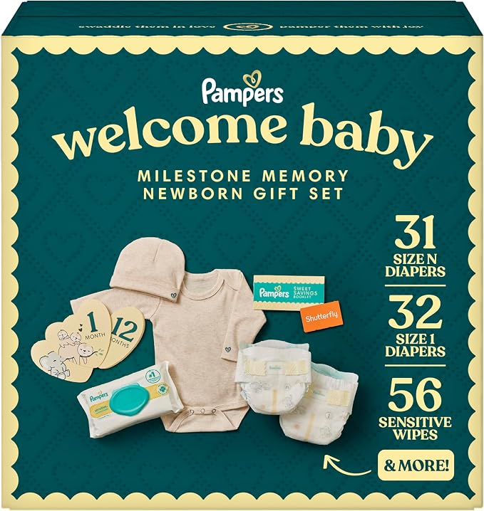 Pampers Set de regalo, pañales desechables, toallitas sensibles y regalos de hitos