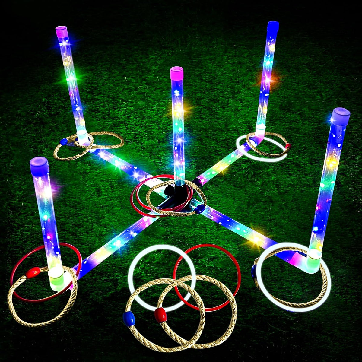 Juego de lanzamiento de aros al aire libre con 16 aros, juegos de jardín para adultos y niños, actividades de camping en el jardín, juegos al aire libre para niños, lanzamiento de aros LED (edición de aros luminosos)