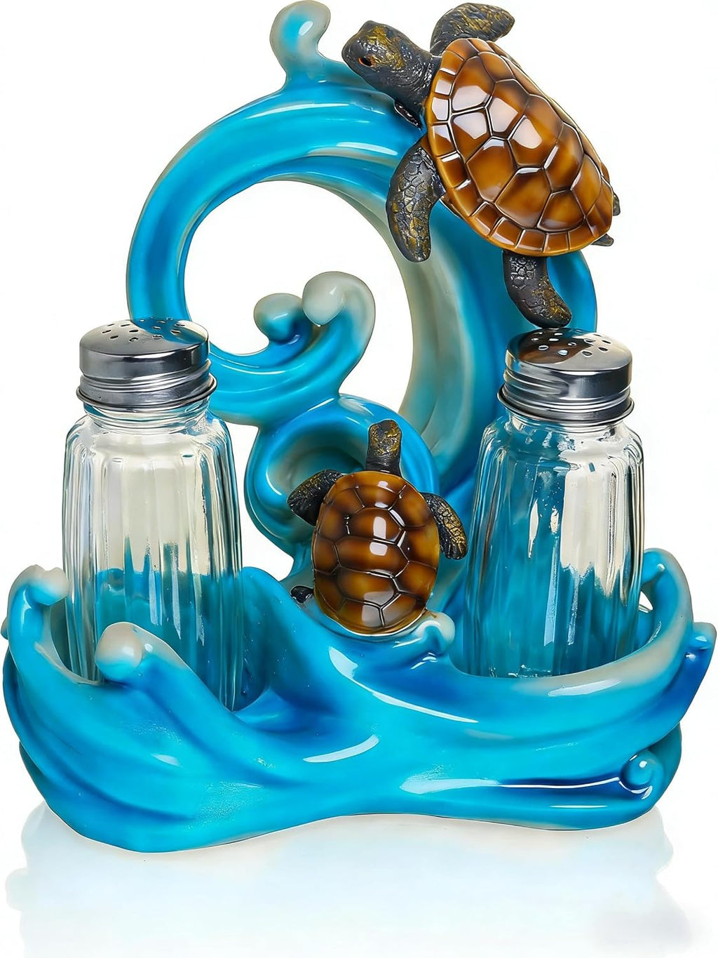 Juego de salero y pimentero de decoración de cocina estilo rústico - Dispensador de sal y pimienta con figura de tortuga marina de resina y soporte para estatuas - Elegantes frascos de vidrio para especias
