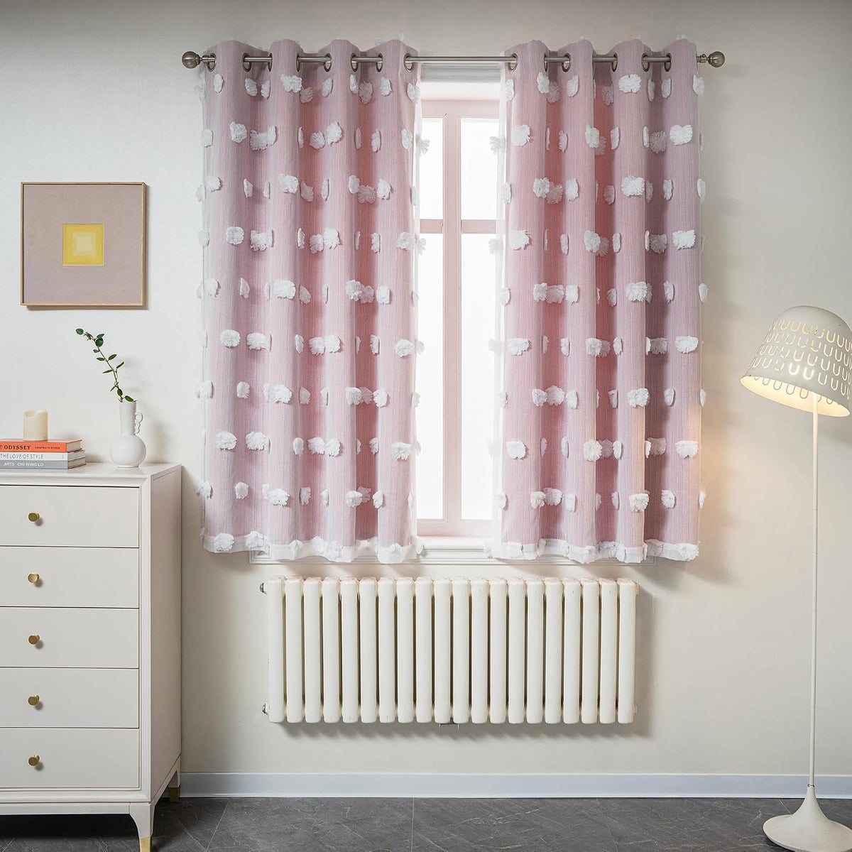 Cortinas de doble capa MYSKY HOME para dormitorio de niñas, cortinas infantiles blancas con pompones, cortinas transparentes para ventana, 2 paneles, cortinas rosas con ojales, cortinas opacas para guardería, 63 pulgadas de largo, 52 x 63 pulgadas.