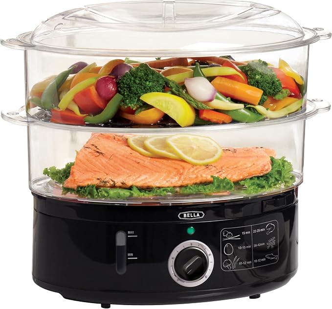 BELLA - Vaporizador de alimentos de dos niveles con canastas apilables y base removible para cocción simultánea rápida