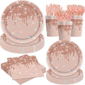 Juego de vajilla de 140 piezas en oro rosa para fiestas de cumpleaños: platos, servilletas y vasos de papel en oro blanco. Decoración para fiestas temáticas de cumpleaños para 20 invitados (oro rosa).