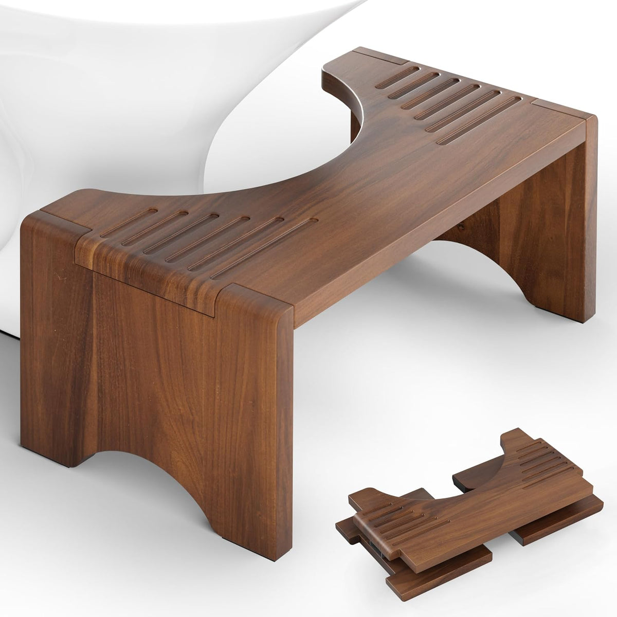 Taburete de baño plegable, taburete de madera de acacia para entrenamiento para ir al baño, ayuda de baño de madera de 7 pulgadas para una postura cómoda (nogal, plegable)