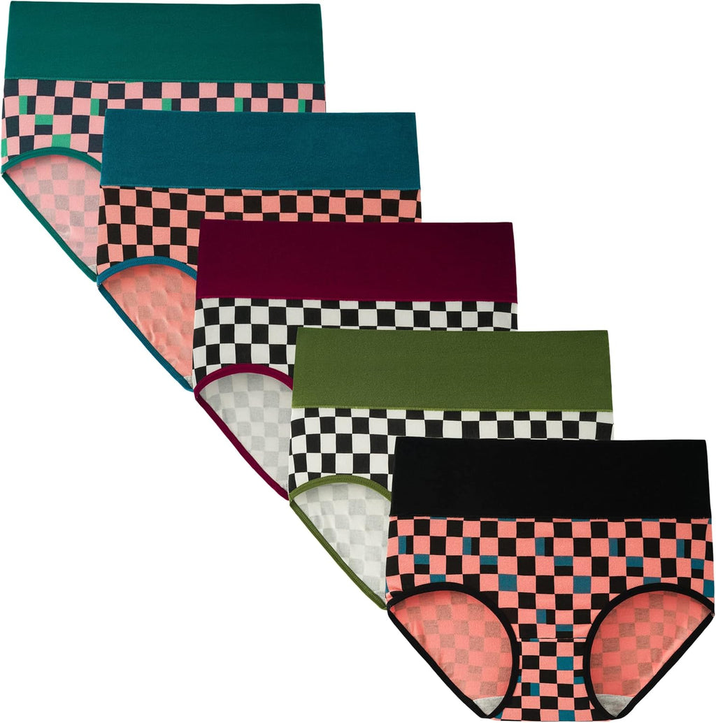 INNERSY Women's High Waisted Underwear Cotton Panties Regular & Plus Size 5-Pack(Chessboard,Medium)