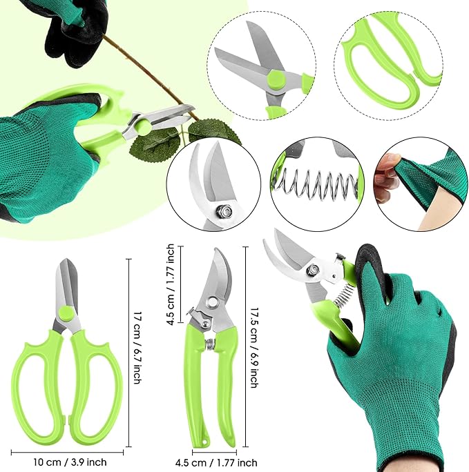 WILLBOND Regalos para mamá mujer, kit de herramientas de arreglo floral, guantes de podadora para eliminar espinas de rosas, calibre 22/26, vástago de pala, ramillete de perlas, tijeras de podar, herramienta de floristería (verde AGUA)