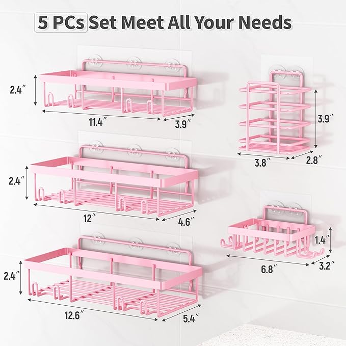 Organizador de Ducha Liuoud | Pack 5 | Acero Inoxidable Antioxidante | Adhesivo | Rosa | Baño y Ducha