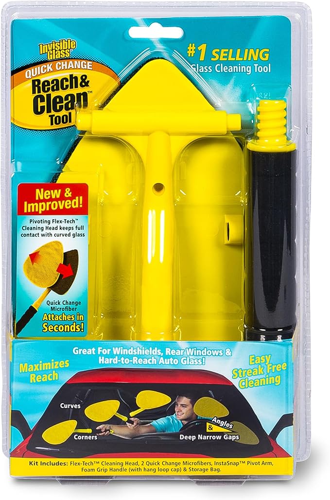 Invisible Glass 95160 - Kit de herramientas de limpieza de parabrisas Reach & Clean con mango extensible, (2) microfibras reutilizables de cambio rápido y bolsa de almacenamiento para parabrisas