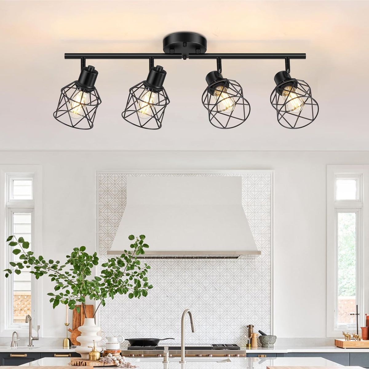 Baocuz Lampara de Techo Semi Flush 4 Luces | Direccionable y Rotatoria, Estilo Granja con Jaula Metalica para Comedor y Sala