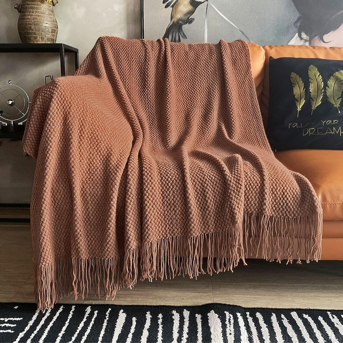 Manta Tejida LOMAO con Flecos y Textura Burbuja Ligera Color Caramelo 50x60 Pulgadas para Sofa y Decoracion
