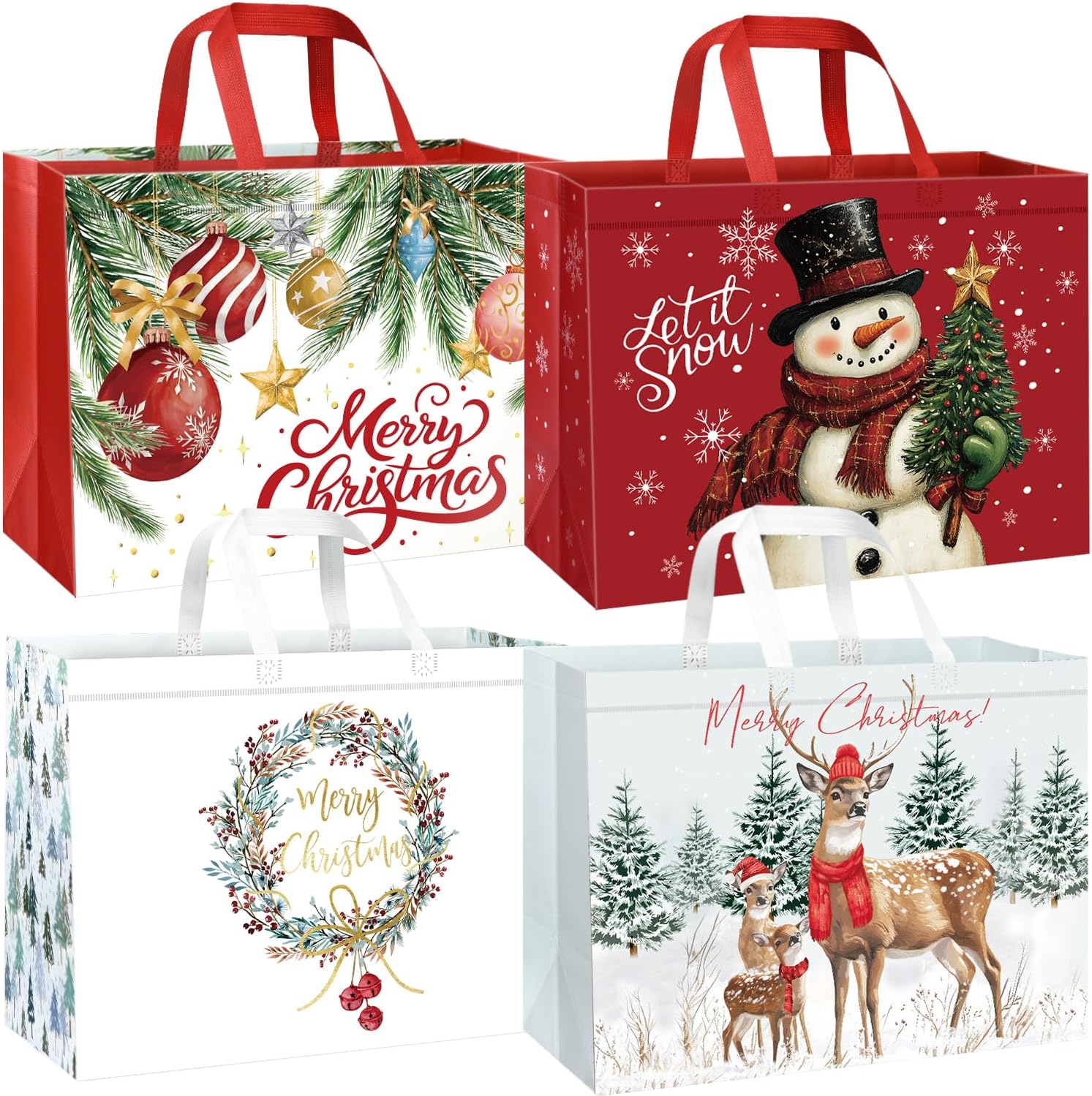 DECHISY 12 Pack Extra Large Christmas Gift Bags Bulk with Handles, Reusable Christmas Tote Bags for Wrapping Present, Heavy Duty, Shopping 17 x 13 x 7 Inches