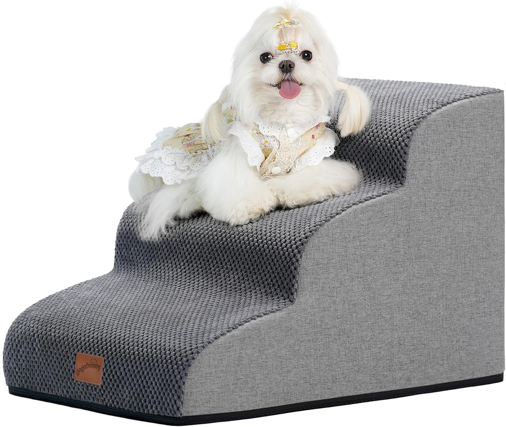 GoGoBunny Rampa y Escalera para Perros para Sofa y Silla | 40 cm de Alto | 3 Escalones para Perros y Gatos Pequenos | Funda Impermeable Antideslizante | Estable y Balanceada | Interior | Gris