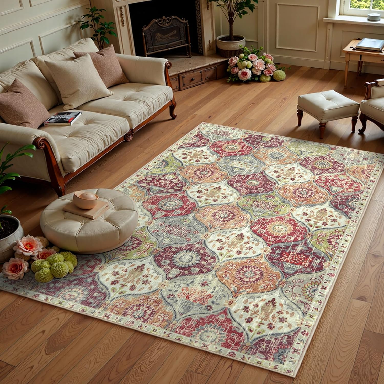 Lahome Moroccan Machine Washable Rugs for Living Room, 4x6 Rug for Bedroom Non-Slip Vintage Trellis Ultra-Thin Throw Carpet for Dining Room Office Nursery, Orange/Terracotta