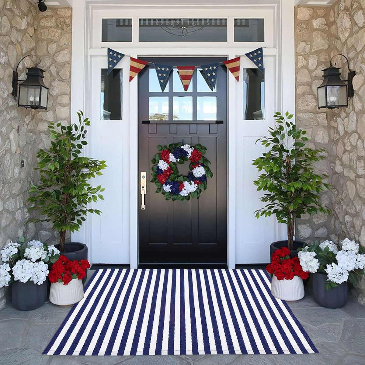 Tapete CAINANEL Rayas Azul Blanco 4 de Julio Felpudo Entrada 70 x 109 cm Tapete Verano Entrada Casa Día Independencia Bienvenida Felpudos Casa Campestre Porche Exterior Decoración (Azul y Blanco)