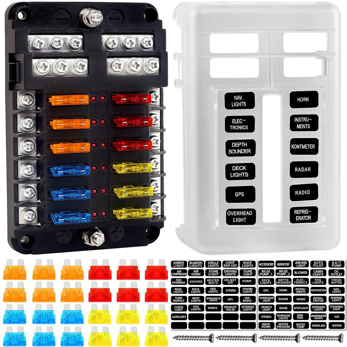 Bloque de fusibles, portafusibles de 12 V con indicador LED y cubierta impermeable, panel Cyrico de 12 circuitos con bus negativo para vehículos de 12 V/24 V (automóviles, camiones, barcos, vehículos recreativos, remolques), 24 insertos de cuchilla.