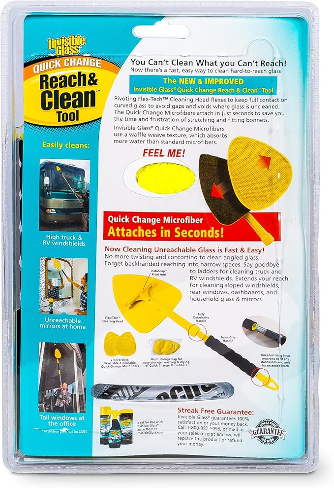 Invisible Glass 95160 - Kit de herramientas de limpieza de parabrisas Reach & Clean con mango extensible, (2) microfibras reutilizables de cambio rápido y bolsa de almacenamiento para parabrisas