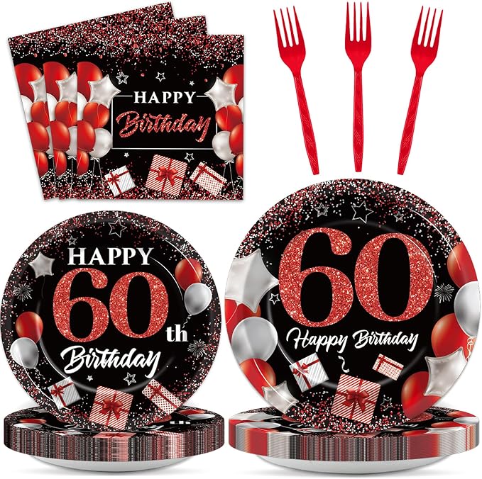 gisgfim 96 Piezas Platos y Servilletas de Cumpleaños 60 Años Suministros para Fiesta Cumpleaños 60 Años Conjunto de Vajilla para Fiesta Platos de Cena y Postre Rojo Negro Decoraciones de Cumpleaños 60