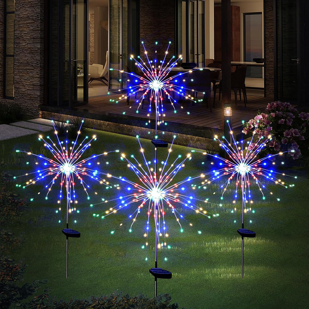 Luces Solares de Jardín Fuegos Artificiales 120 LED – Pack 4, Impermeables, Coloridas para Exterior, Patio y Camino