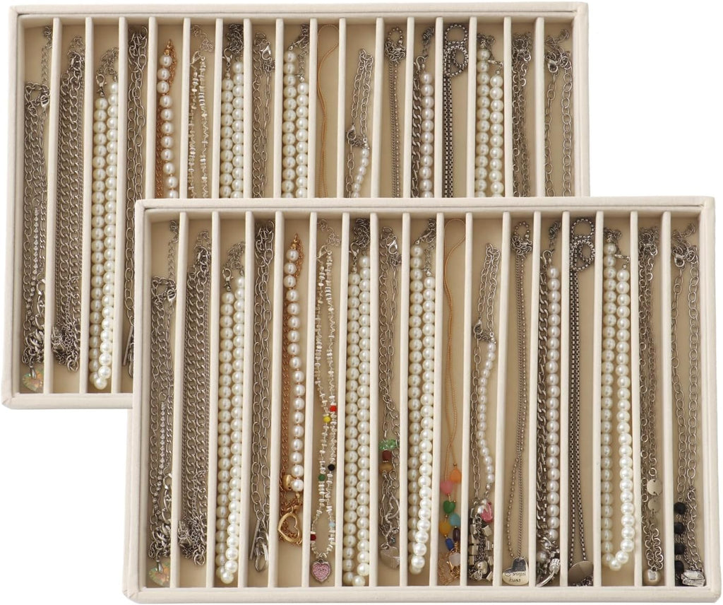 KATISYIO Bandeja de Joyeria de Terciopelo Grande, Paquete de 2, Apilable, Organizador de Cajon para Aretes, Pulseras, Collares y Anillos, Beige, 16 Divisiones