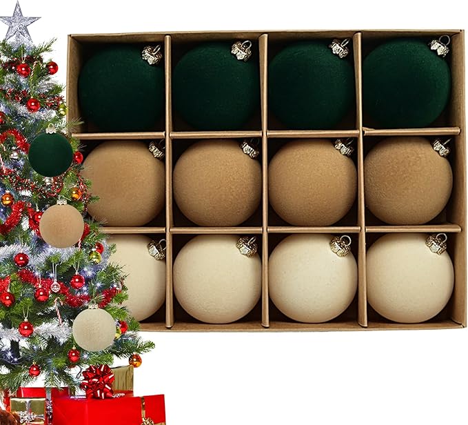 12 bolas de Navidad de terciopelo, adornos de terciopelo para árbol de Navidad, decoración de bolas de terciopelo flocadas con colgantes de árbol, bolas de terciopelo de adornos de Navidad para árbol