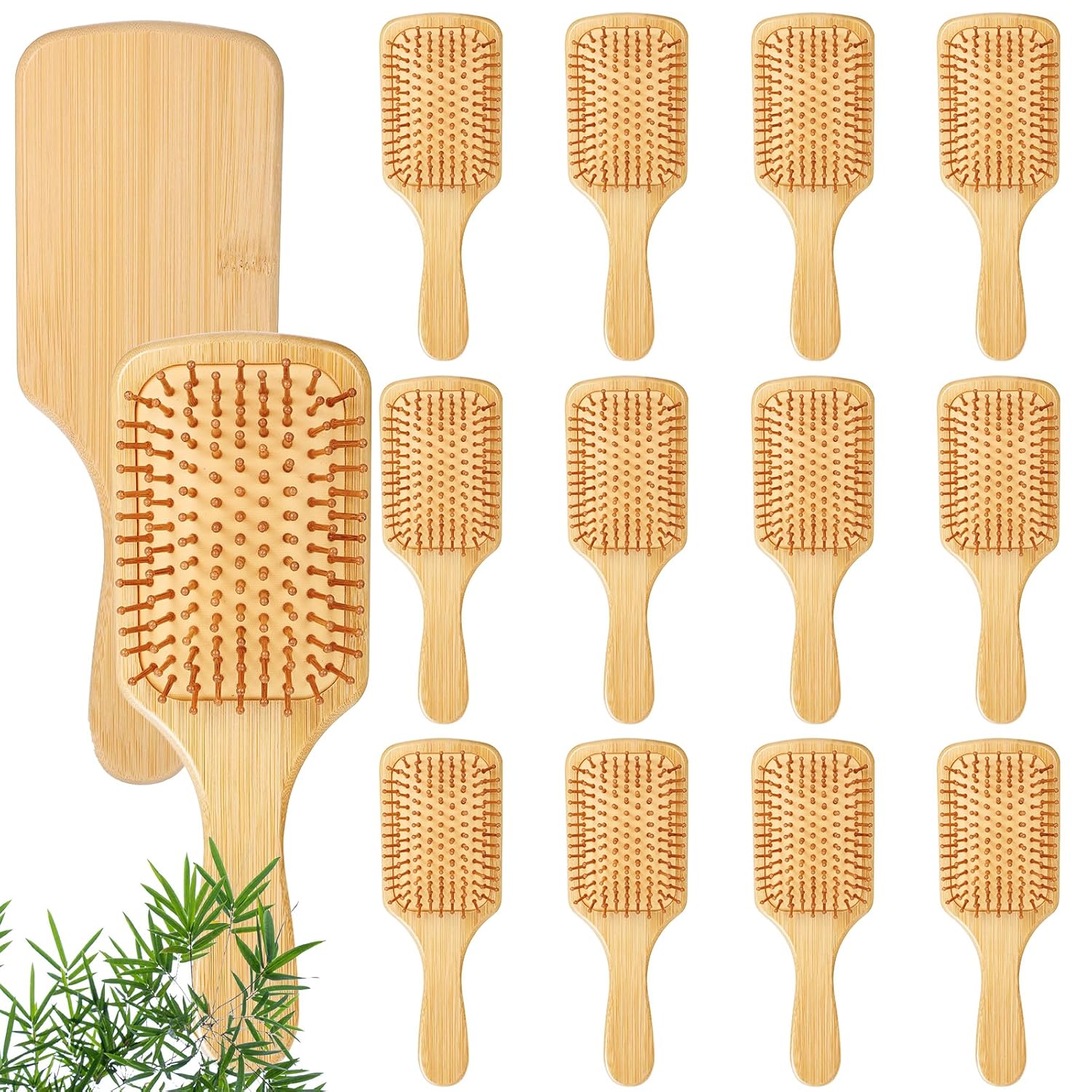 10 Pcs Bamboo Hair Brush, Bulk Round-tipped Bamboo Bristles Detangling Brush Paddle Lightweight Massage Anti Static for Women Men and Children, Stimulates Scalp for Hair Growth (Large, Count, 10)