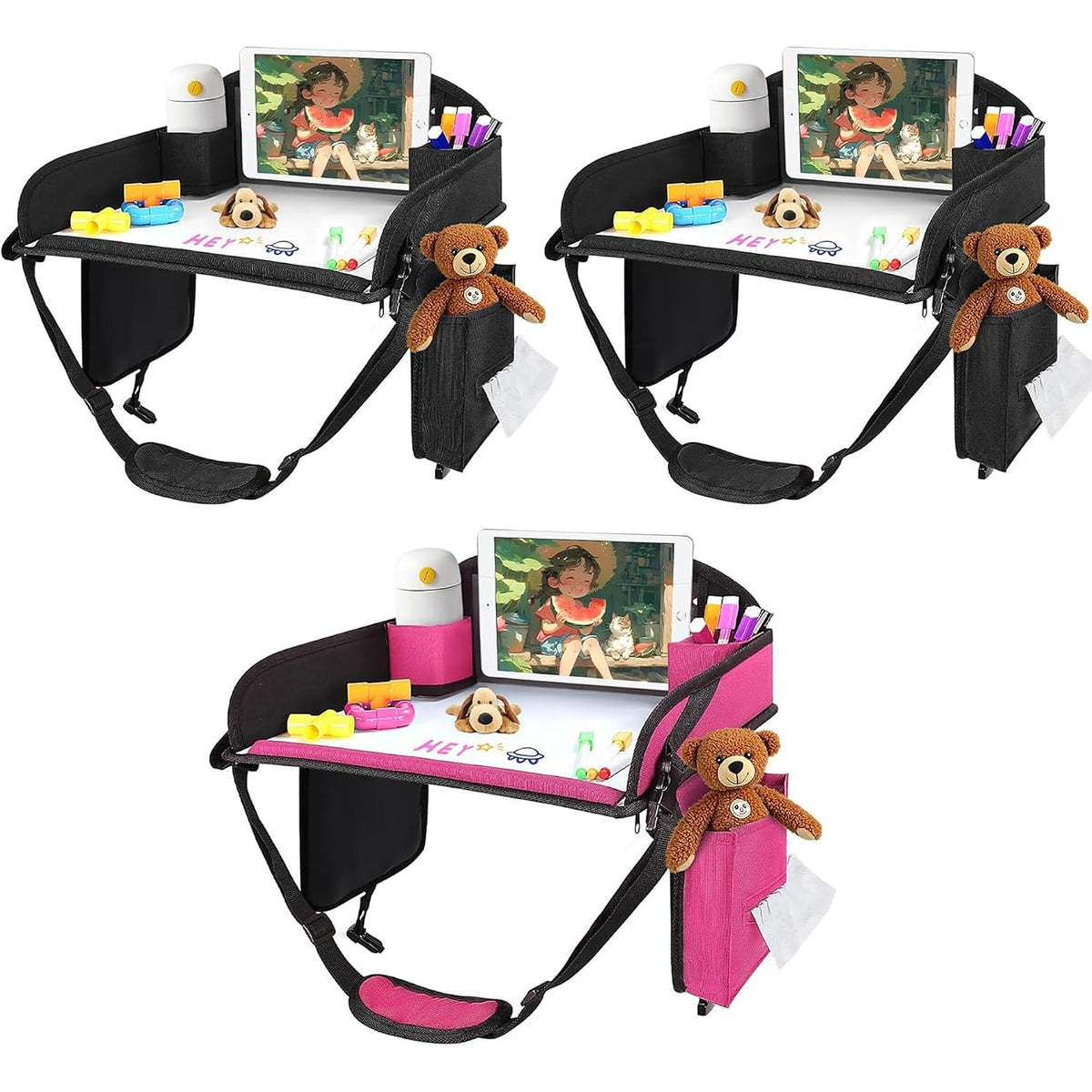 Bandeja de viaje para niños UTOLOVE, 2 bandejas para el regazo del niño en el asiento del coche, ideales para viajes por carretera y actividades en coche y avión. Organizador portátil con kit de dibujo, compartimentos para aperitivos y marcadores