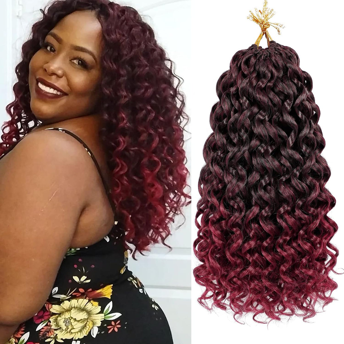 7 paquetes de cabello sintético para trenzas de ganchillo GoGo Curl de 14 pulgadas, color rojo burdeos, corto y rizado, para mujer, estilo playero, ondulado, con ondas de agua y torsión profunda (14 pulgadas, T1B/BUG).