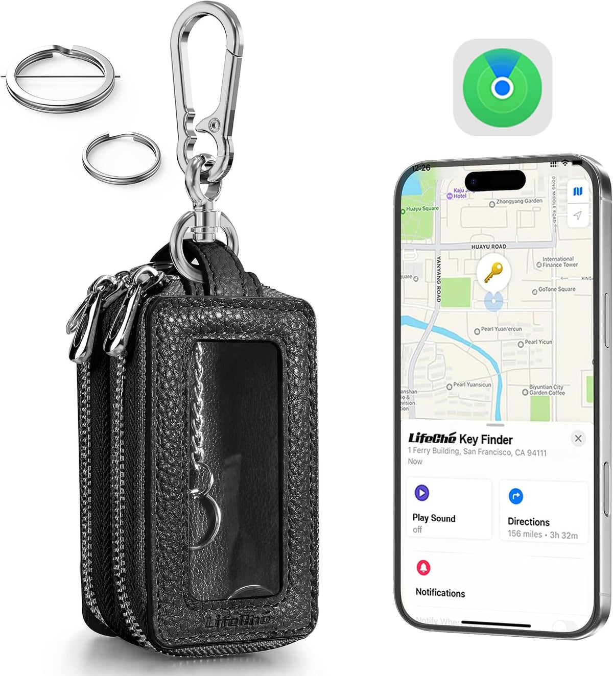 Llavero con localizador de llaves integrado, sistema antipérdida, soporte para llaves resistente, llavero de acero inoxidable de primera calidad con mosquetón, llavero para coche con GPS, localizador global, resistente al agua (B-Black).