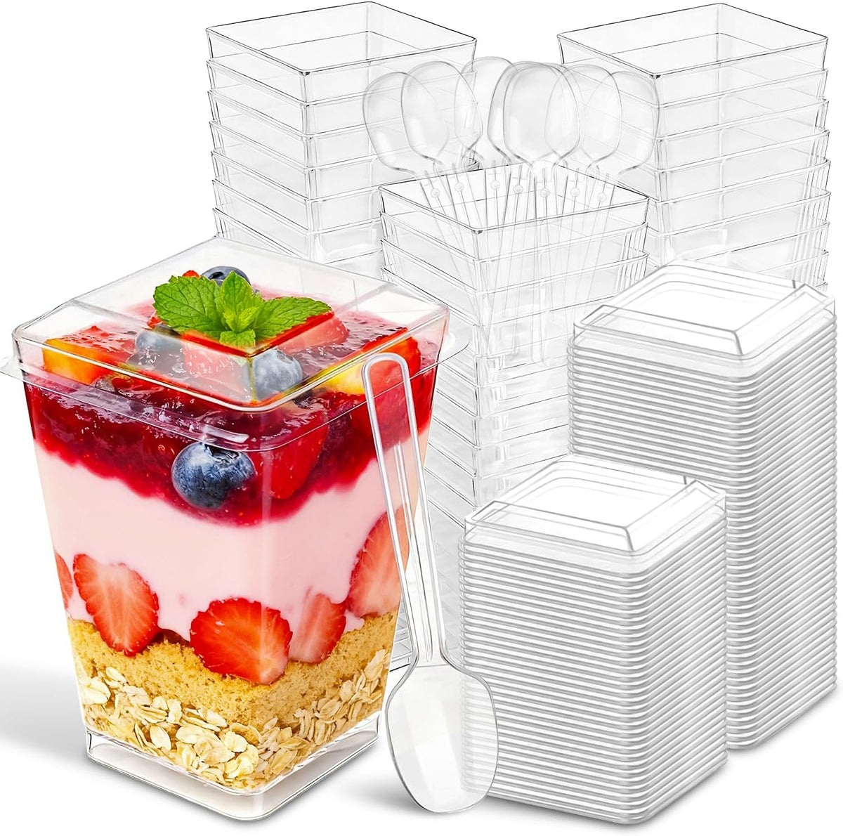 Ginkgo 100 juegos (300 piezas) de vasos para postre de 142 ml con tapas y cucharas, vasos de plástico transparente para parfait, vasos desechables para aperitivos para pudín, gelatina, mousse, helado, artículos para fiestas y catering.