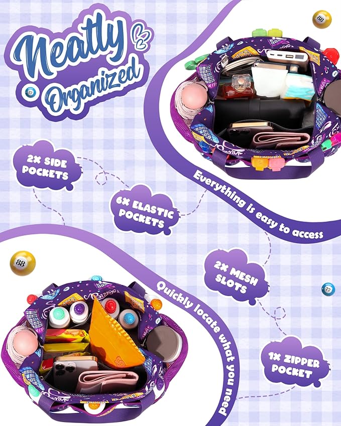 Bolsa de Bingo con Bolsillos para Marcadores Casino Accesorios de Juego de Bingo para Adultos Mayores Púrpura