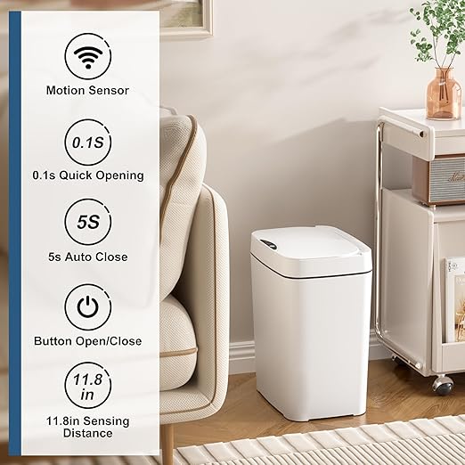 Basurero Inteligente Vanpopubs con Sensor de Movimiento 2.7 Galones – Sin Contacto, Impermeable IPX5, Tapa Automática, Para Baño, Cocina y Oficina (SOLO ES 1 BASURERO)