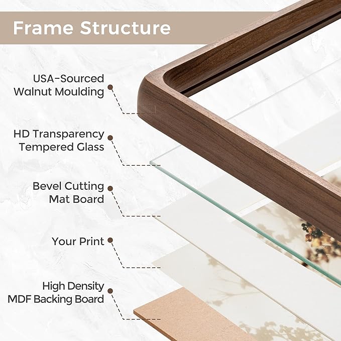 Marco de Fotos de Madera Natural Walnut 8x10 con Passepartout — Vertical u Horizontal