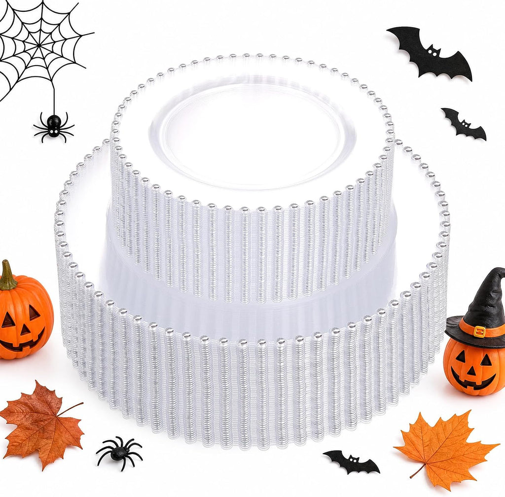Juego de 100 platos de plástico transparente de alta calidad, con borde plateado. Incluye 50 platos llanos de 25 cm y 50 platos de postre/aperitivo de 18 cm para fiestas, bodas y bautizos.