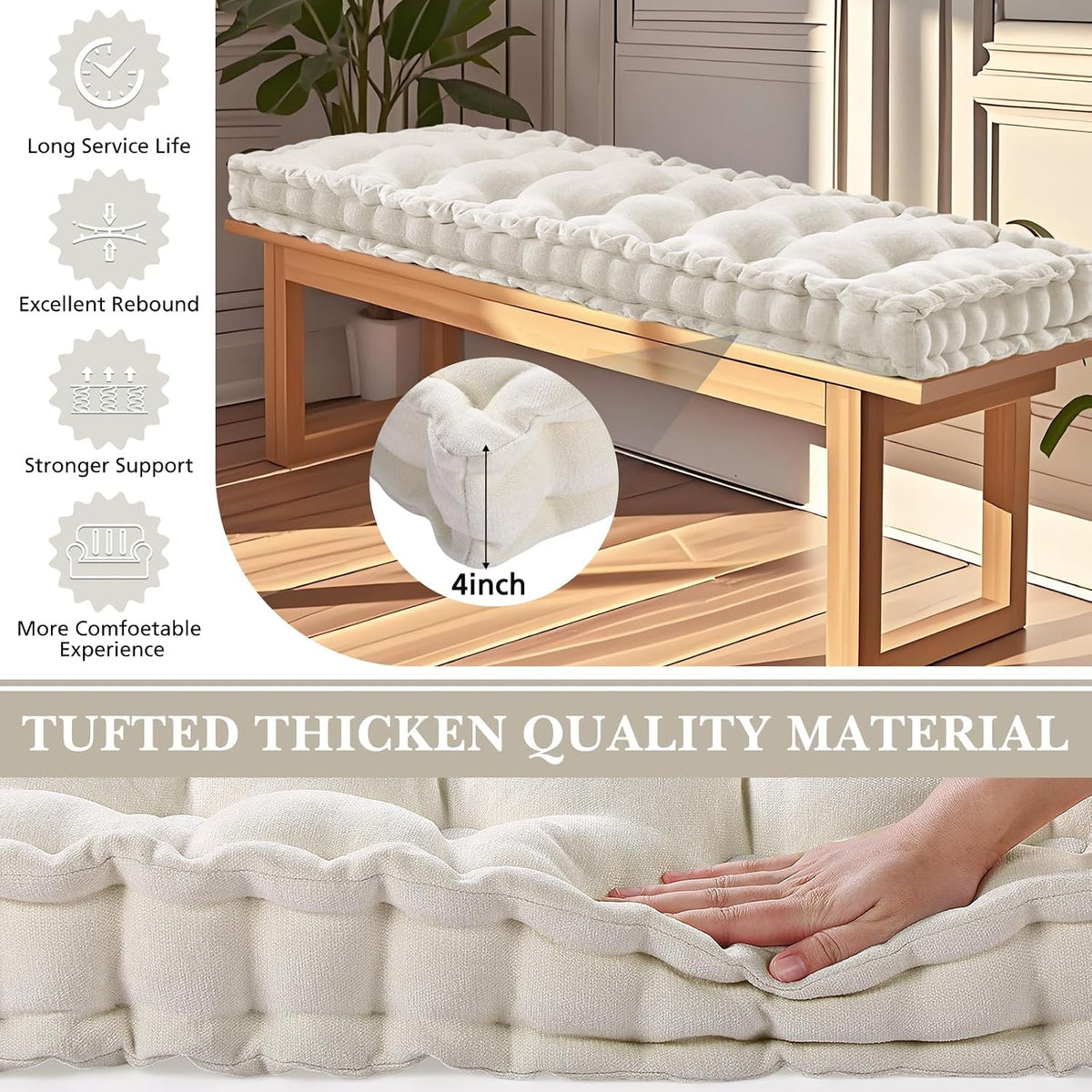 Geelin Cojines de banco de 42 x 18 pulgadas para muebles de interior de terciopelo de chenilla beige con botones gruesos copetudos, cojín de asiento de espuma viscoelástica