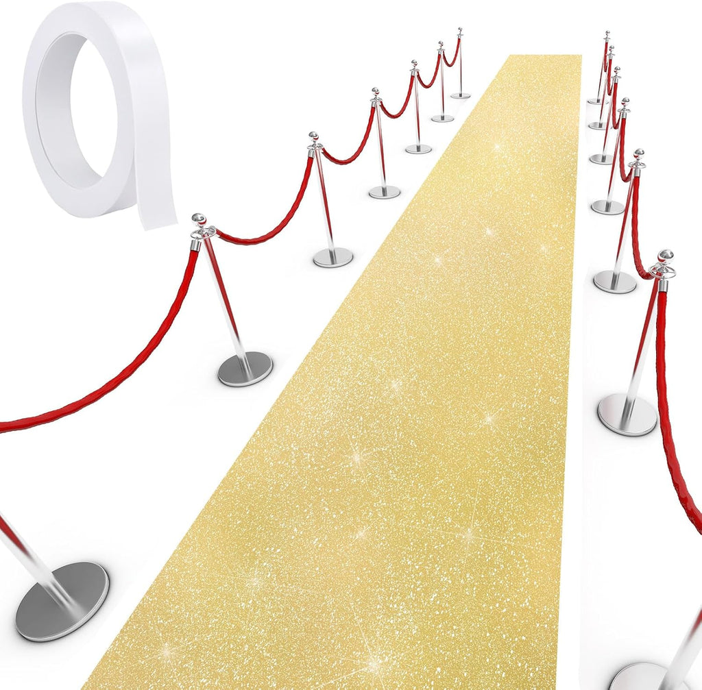 Alfombra Tatuo de 2,46 x 16,4 pies, 55 GSM de grosor, con cinta adhesiva para alfombras, ideal para bailes de graduación, bodas, interiores y exteriores, pasillos, festivales de cine y fiestas (dorado brillante).