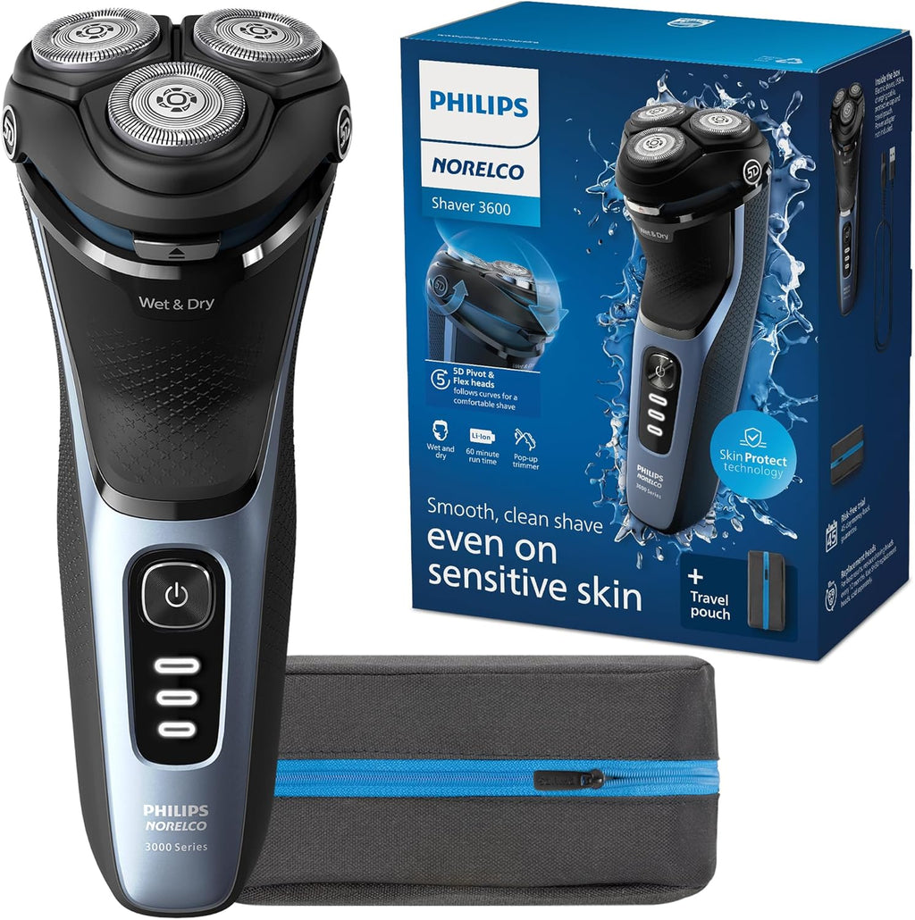 Afeitadora Eléctrica Philips Norelco Serie 3600 | Uso Seco y Húmedo | P-Cap | Estuche de Viaje | Azul Tormenta | Modelo S3243/91