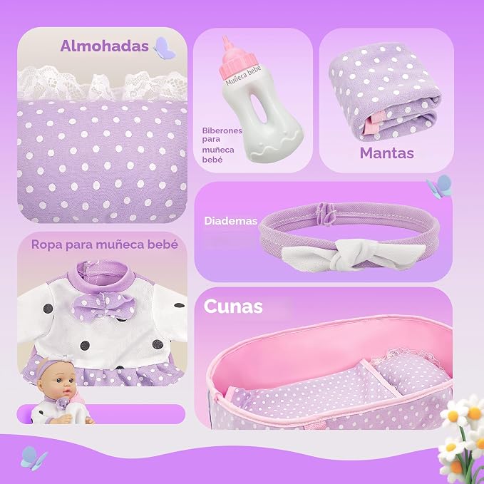 Muñeca Bebé SMILESSKIDDO 12" con Accesorios — Set con Cuna, Bibéron y Almohada para Niñas +2 Años (NO INCLUYE BINCHA NI COBIJA)
