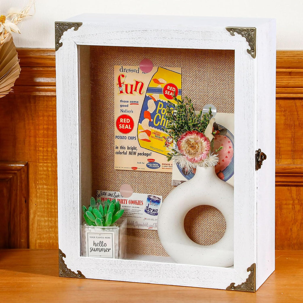 Caja expositora Cinnvoice de 28 x 35,5 cm (11 x 14 pulgadas), 12 cm (4,7 pulgadas) de profundidad, con respaldo de corcho, de madera rústica quemada, ideal para ramos de flores, fotos de boda y recuerdos (blanca).