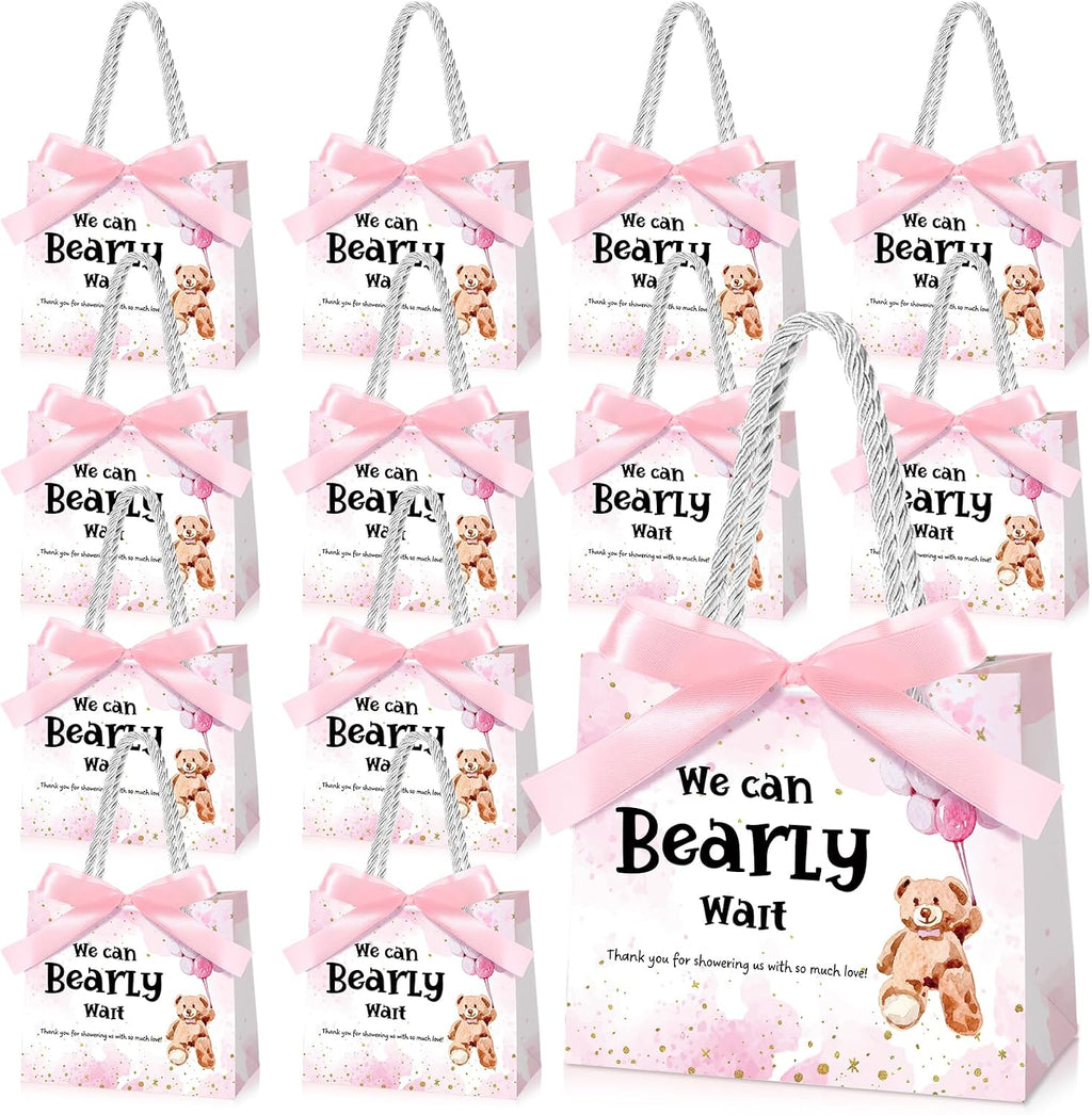 Spakon Paquete de 25 Bolsas de Regalo para Baby Shower con Diseño de Osos "Apenas Podemos Esperar" Bolsas de Regalo para Baby Shower con Asas y Cintas Recuerdos para Fiestas de Revelación de Género para Invitados (Rosa)