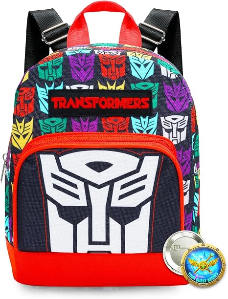 Transformers Mini mochila – Mochila pequeña tejida exclusiva de 10 pulgadas con bolsillo frontal y paquete de botones | Se ajusta para adaptarse a adultos, adolescentes, niños